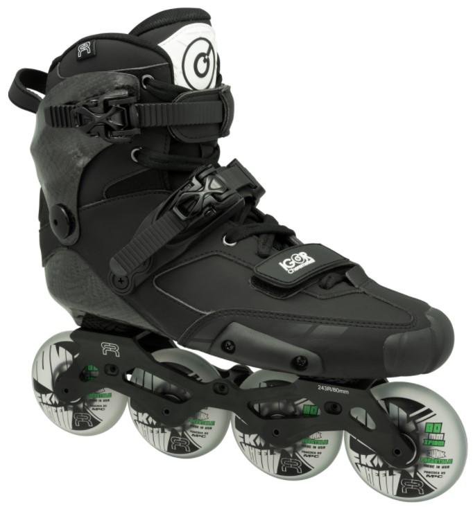 FR Igor inline skate for freestyle slalom with a rockered frame and four 80mm MPC slalom wheels